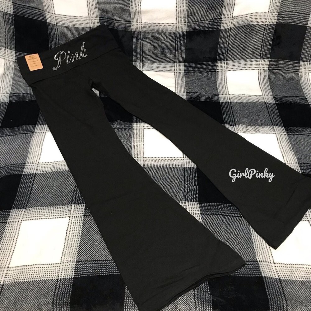 VS PINK flared BLACK foldover leggings BLING SCRIPT LOGO SIZES XL SHORT